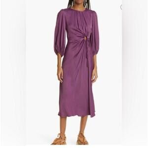 FARM RIO Purple Burgundy Pleated Cut-Out Tie Tassel Balloon Sleeve Dress S = 4/6